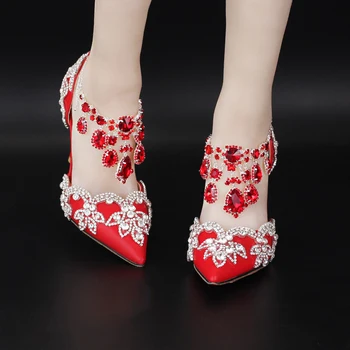 Custom Heels 5cm/7cm/9cm White/Red/Pink Rhinestones Foot Ring Women Wedding Shoes Thin Heels Bling Party Pumps Size EU34-42