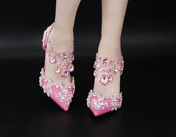 Custom Heels 5cm/7cm/9cm White/Red/Pink Rhinestones Foot Ring Women Wedding Shoes Thin Heels Bling Party Pumps Size EU34-42