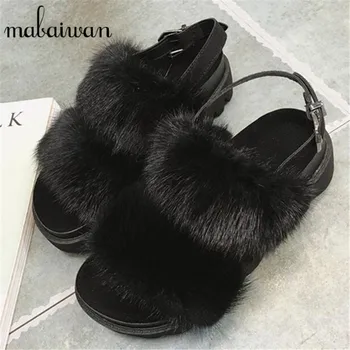 Winter Fashion Mink Fur Women Gladiator Sandals Casual Flat Shoes Woman Thick Heel Platform Sandal Creepers Sandalias Mujer