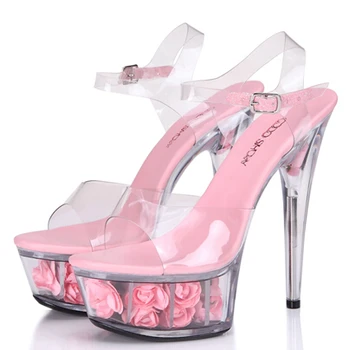 Plus:34-43 Summer Sexy 15cm ultra high thin heels transparent crystal platform female sandals wedding women shoes princess pumps