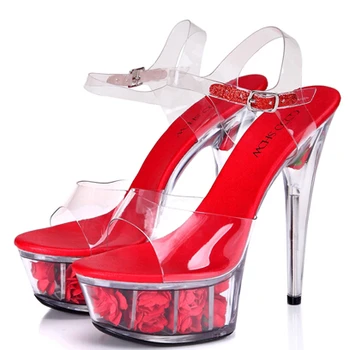 Plus:34-43 Summer Sexy 15cm ultra high thin heels transparent crystal platform female sandals wedding women shoes princess pumps
