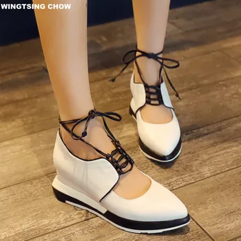 2017 New Brand Pointed Toe Leather Shoes Women Sexy Strap Shoes Wedge Heels Ladies Shoes