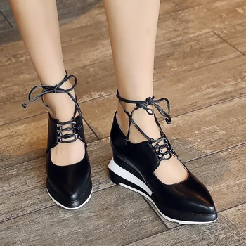 2017 New Brand Pointed Toe Leather Shoes Women Sexy Strap Shoes Wedge Heels Ladies Shoes