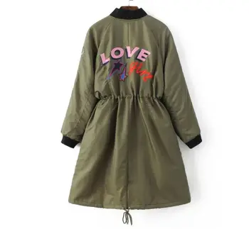 2016 Spring Autumn Women Embroidery Military Army Green Black long sections jacket Drawstring Patchwork Coat