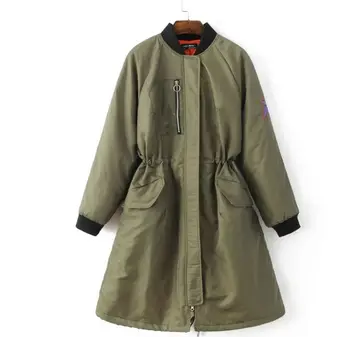 2016 Spring Autumn Women Embroidery Military Army Green Black long sections jacket Drawstring Patchwork Coat