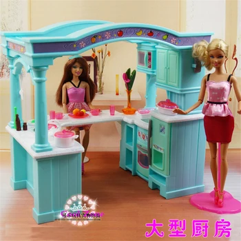 Super Big Size Green Open Kitchen Furniture for Barbie Doll house Toy Accessories