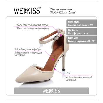WETKISS 2017 Summer Brand Pointed toe Women Sandals Genuine Leather Ankle Strap Cover Heel Summer Shoes High Heels Sandals