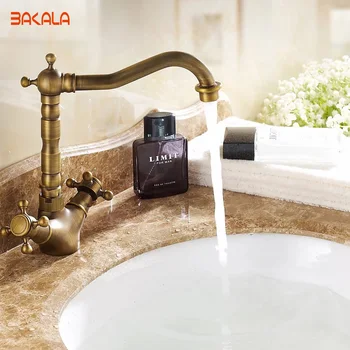 BAKALA ping Vintage Style Bathroom Basin Sink Faucet Antique Brass Mixer Tap Dual Handles Deck Mounted GZ7306