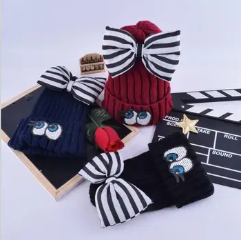 Winter Casual Beanies Striped Bows Knitted Toucas Bonnet Cartoon Eyes Hats For Children Boys Girls Ski Cap Warm Skullies Gorros