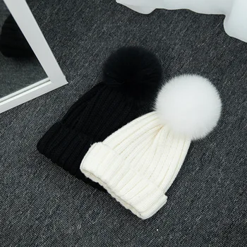 2016 New Winter Beanies Ladies Knitted Thick Warm Hats Fashion Pom Pon Real Fox 16cmFur Caps Skullies Hat For Women Fur Cap