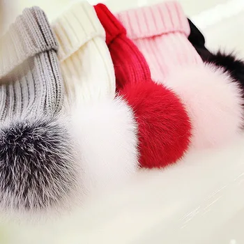 2016 New Winter Beanies Ladies Knitted Thick Warm Hats Fashion Pom Pon Real Fox 16cmFur Caps Skullies Hat For Women Fur Cap