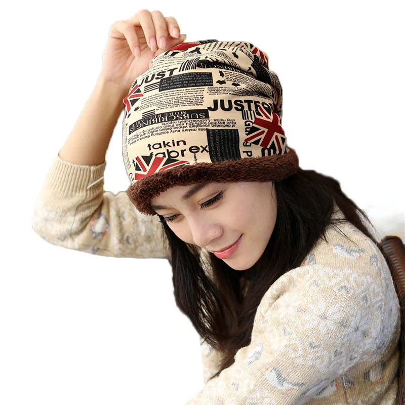 Casual beanie scarf dual-use Winter Hats Warm Women Cap Knitted Letter Fleece lining Thicken Beanie Hat