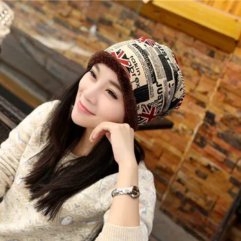 Casual beanie scarf dual-use Winter Hats Warm Women Cap Knitted Letter Fleece lining Thicken Beanie Hat
