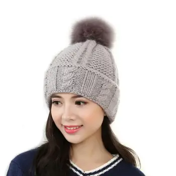 New Beanies Women Cap Winter Fur Ball Warm Hat Crochet Knitted Wool Cap Gorros Mujer Oc19