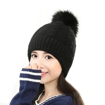 New Beanies Women Cap Winter Fur Ball Warm Hat Crochet Knitted Wool Cap Gorros Mujer Oc19