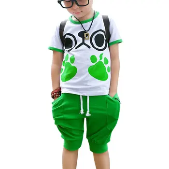 New Arrive Summer Cute Kids Boys' Casual Clothing Suit Footprint Short Sleeve Top & Pant 3-7 Year Clothes Set