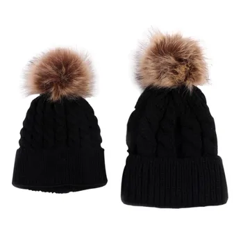 Lovely Mothers & Baby Knit Hats 2pcs/set Warm Winter Solid Color Faux Fur Crochet Parent-child hat Caps Fashion Beanie Skullies