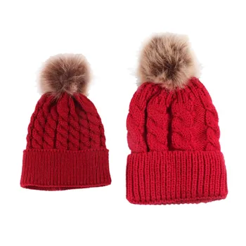 Lovely Mothers & Baby Knit Hats 2pcs/set Warm Winter Solid Color Faux Fur Crochet Parent-child hat Caps Fashion Beanie Skullies