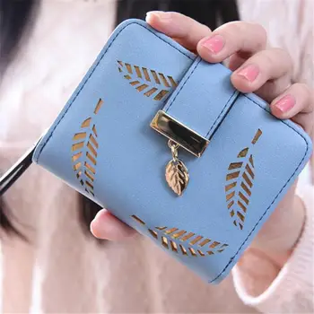 2017 wholesale women short wallet zip hasp leaves hollow out casual wallets package candy color purse card holder coin purse