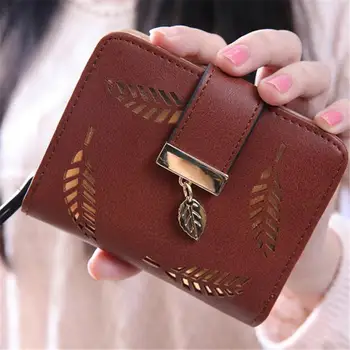 2017 wholesale women short wallet zip hasp leaves hollow out casual wallets package candy color purse card holder coin purse