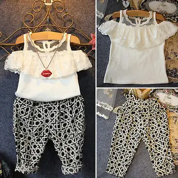 Baby Girls Party Lace Floral Tops Shirt+Pants Twinset Outfits Set White lace blouse + black plaid pants baby girl clothes 2-6T