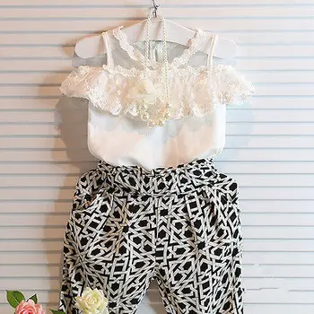 Baby Girls Party Lace Floral Tops Shirt+Pants Twinset Outfits Set White lace blouse + black plaid pants baby girl clothes 2-6T