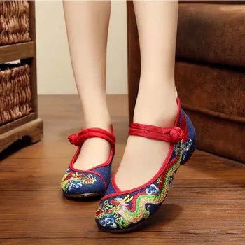 Chinese Dragon Embroidered Shoes Women Flats National BeiJing Canvas Shoes Brand Designer Female Footwear Flat Shoes SNE-415