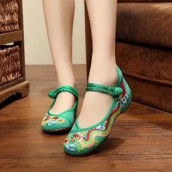 Chinese Dragon Embroidered Shoes Women Flats National BeiJing Canvas Shoes Brand Designer Female Footwear Flat Shoes SNE-415