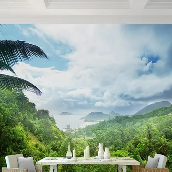 Blue sky white cloud Southeast Asian tropical rainforest sea water tree landscape dining room background wallpaper