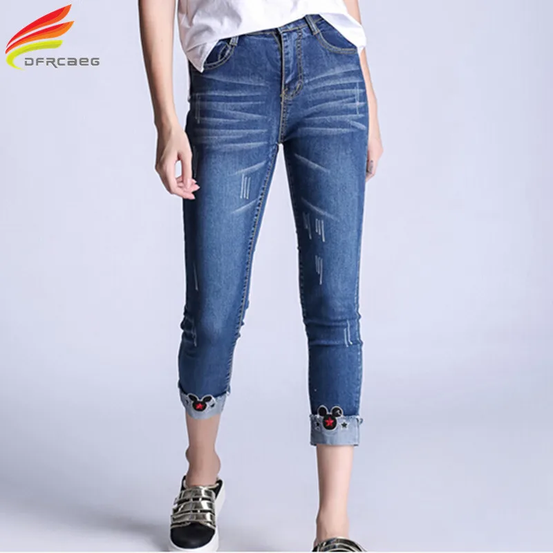 4XL 5XL Ripped Jeans Women 2017 New Summer Mickey Embroidery Denim Jeans Blue Pencil Pants European Casual Jeans Femme Plus Size