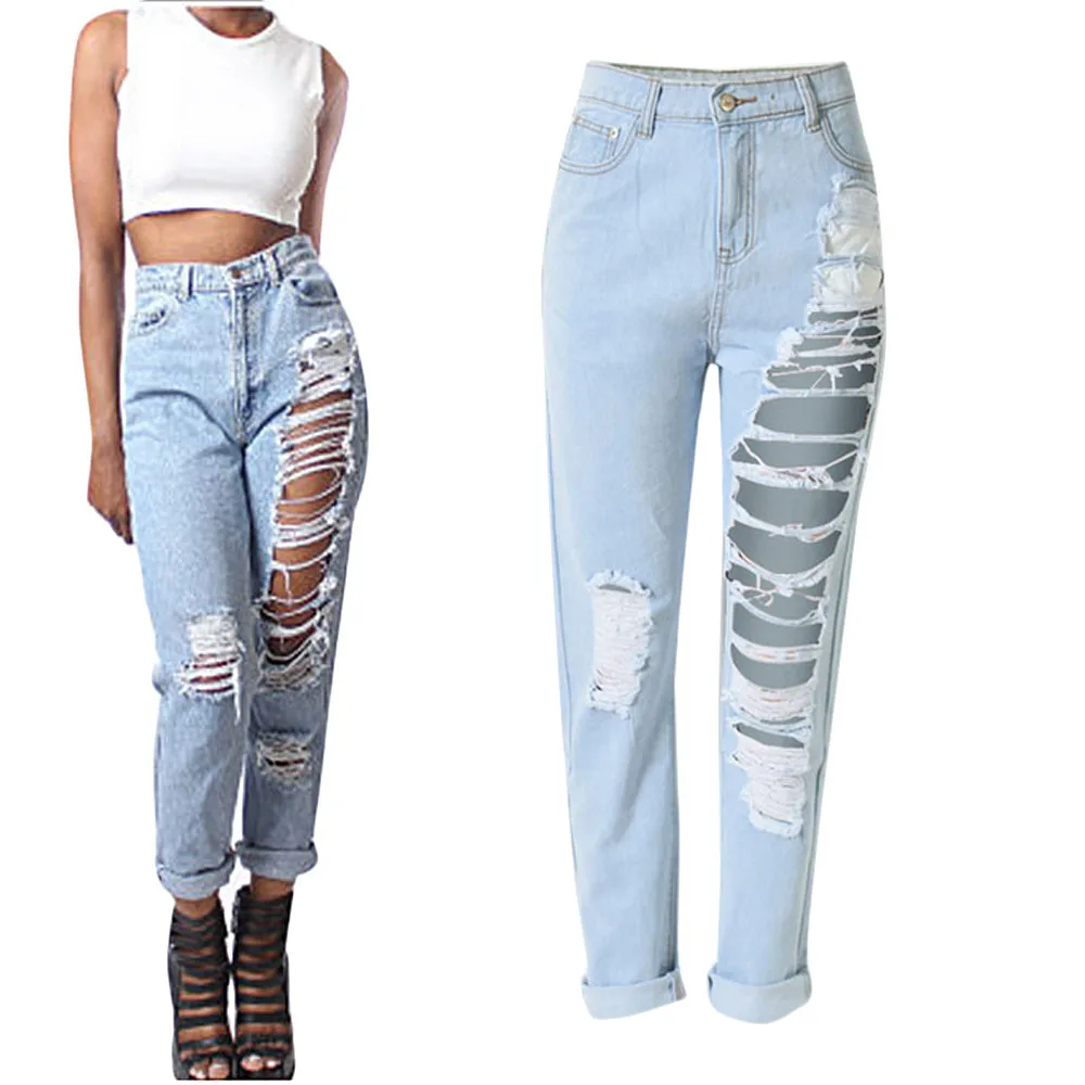 Spring Summer Fashion Pencil Jeans Womens Loose High Waist Washed Vintage Ripped Long Denim Pants Sexy Ladies Hole Trousers XXL