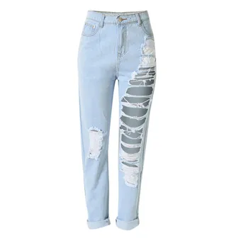 Spring Summer Fashion Pencil Jeans Womens Loose High Waist Washed Vintage Ripped Long Denim Pants Sexy Ladies Hole Trousers XXL