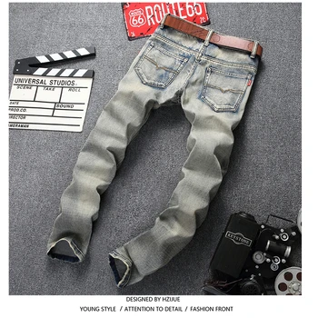 HZIJUE American Style 2017 fashion brand luxury cotton Men casual denim jeans trousers Straight blue slim hole jeans for men