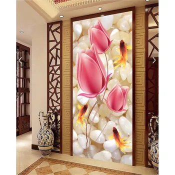 Wall paper 3d art mural HD pebbles pink flower goldfish covering Home Decor Modern Wall Painting For Living Room wallpaper