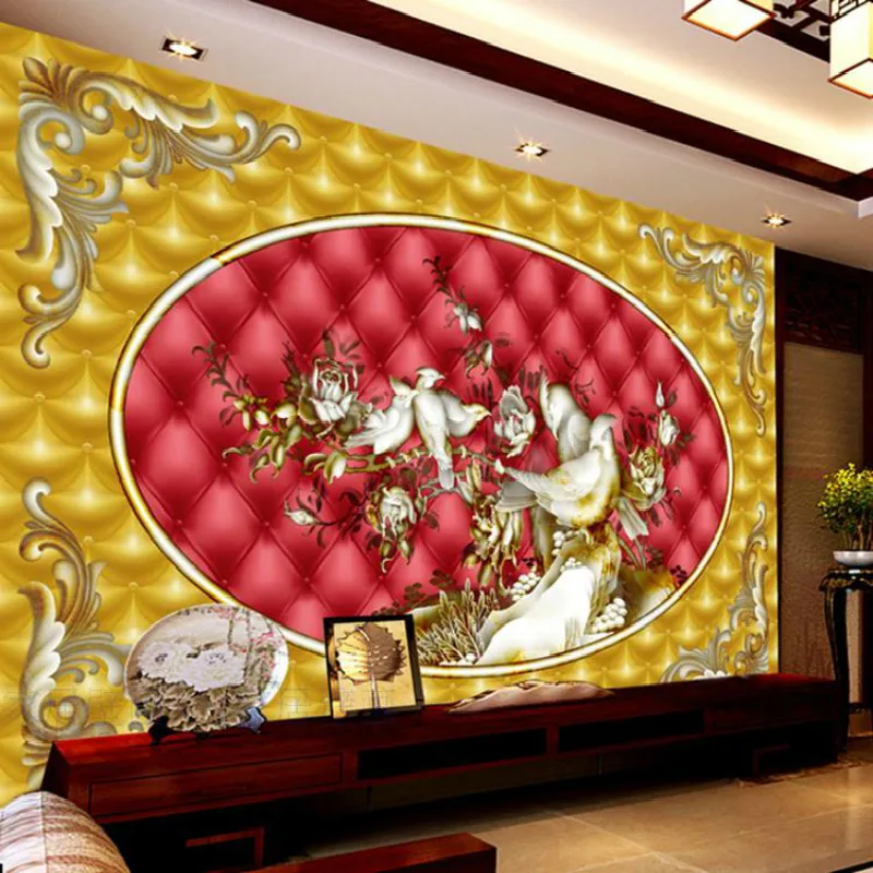 Custom living room backdrop wallpaper bedroom wallpaper Chinese bird flower painting three-dimensional relief murals soft pack
