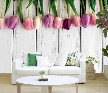 Wall Panel Wallpaper Retro White Wooden Tulips Background Modern Europe Art Mural for Living Room Large Painting Home Decor