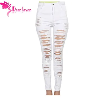 Dear Lover Fashion Casual Black Denim Destroyed Hole High-waist Skinny Jeans Pencil Ripped Pants Trousers Womans Calcas LC78646
