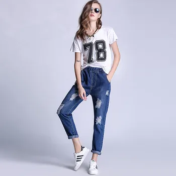 S-5 XL 2017 Spring Fashion Blue Elastic Waist Plus Size Jeans Women Vintage Hole Cotton Capris Denim Pants Boyfriend Jeans Woman