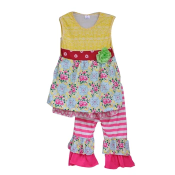 2017 Fashion Summer Children Clothing Sets Princess Boutique Outfits Floral Sleeveless Cotton Dress Ruffle Pants S105