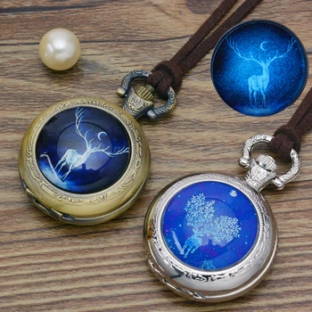 Fashion Luminous deer pocket watch necklace woman men fob watches silver bronze round convex lens glass picture girl cute lady