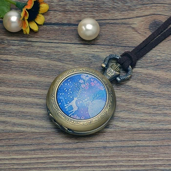 Fashion Luminous deer pocket watch necklace woman men fob watches silver bronze round convex lens glass picture girl cute lady