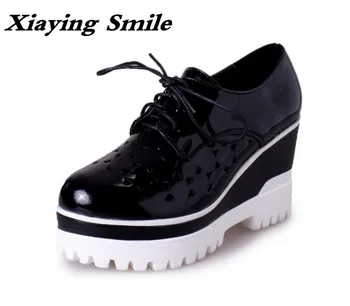 Xiaying Smile Woman Pumps Shoes Women Spring Autumn Wedges Heels British Style Classics Round Toe Lace Up Thick Sole Women Shoes