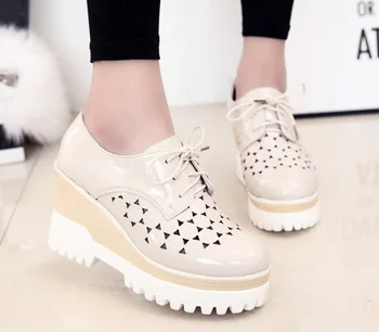 Xiaying Smile Woman Pumps Shoes Women Spring Autumn Wedges Heels British Style Classics Round Toe Lace Up Thick Sole Women Shoes