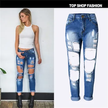 Happy time Apparel hole ripped jeans women ankle-length pants Cool denim vintage straight jeans for girl Mid waist for female