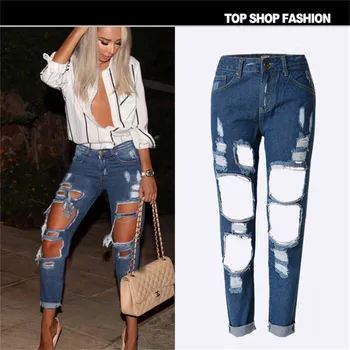 Happy time Apparel hole ripped jeans women ankle-length pants Cool denim vintage straight jeans for girl Mid waist for female