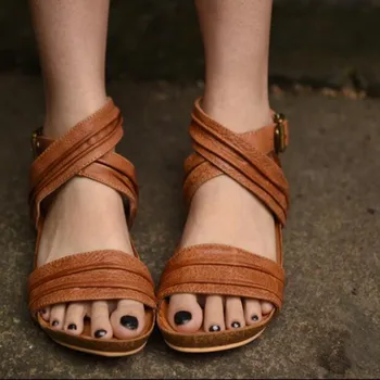 2017 summer genuine leather handmade women sandals personalized bandage open toe flat women shoes 1620-7