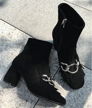 Autumn Winter Women Fashion Chains Decor Ankle Boots Square High Heel Short Booties Suede Fringed Botines Mujer Botas Militares