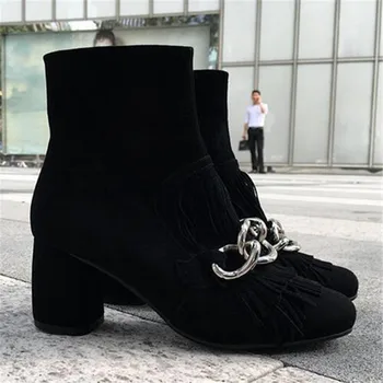 Autumn Winter Women Fashion Chains Decor Ankle Boots Square High Heel Short Booties Suede Fringed Botines Mujer Botas Militares
