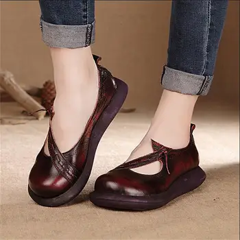 2016 original design handmade thick heels genuine leather women shoes round toe vintage casual shoes