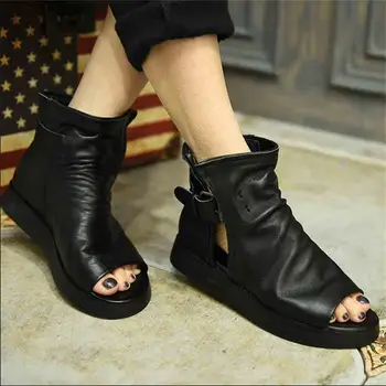 Women's shoes 2017 genuine leather women shoes open toe cool boots handsome buckle flat heels casual boots fashion sandals